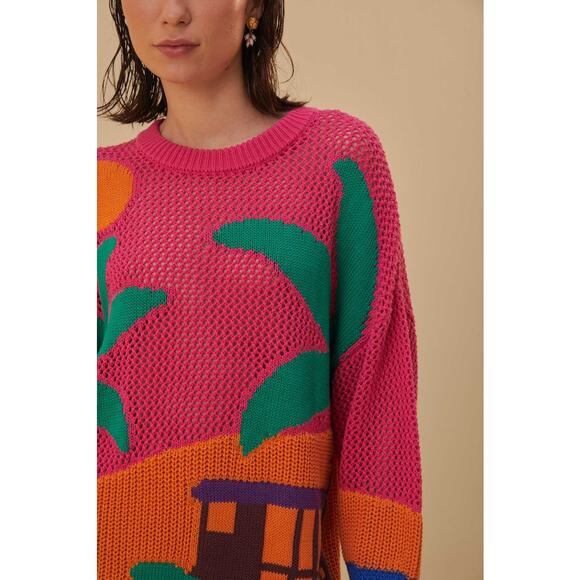 Farm Rio Amazon Stamps Open Knit Cotton Sweater Pink Womens Size Large Island - Picture 4 of 14